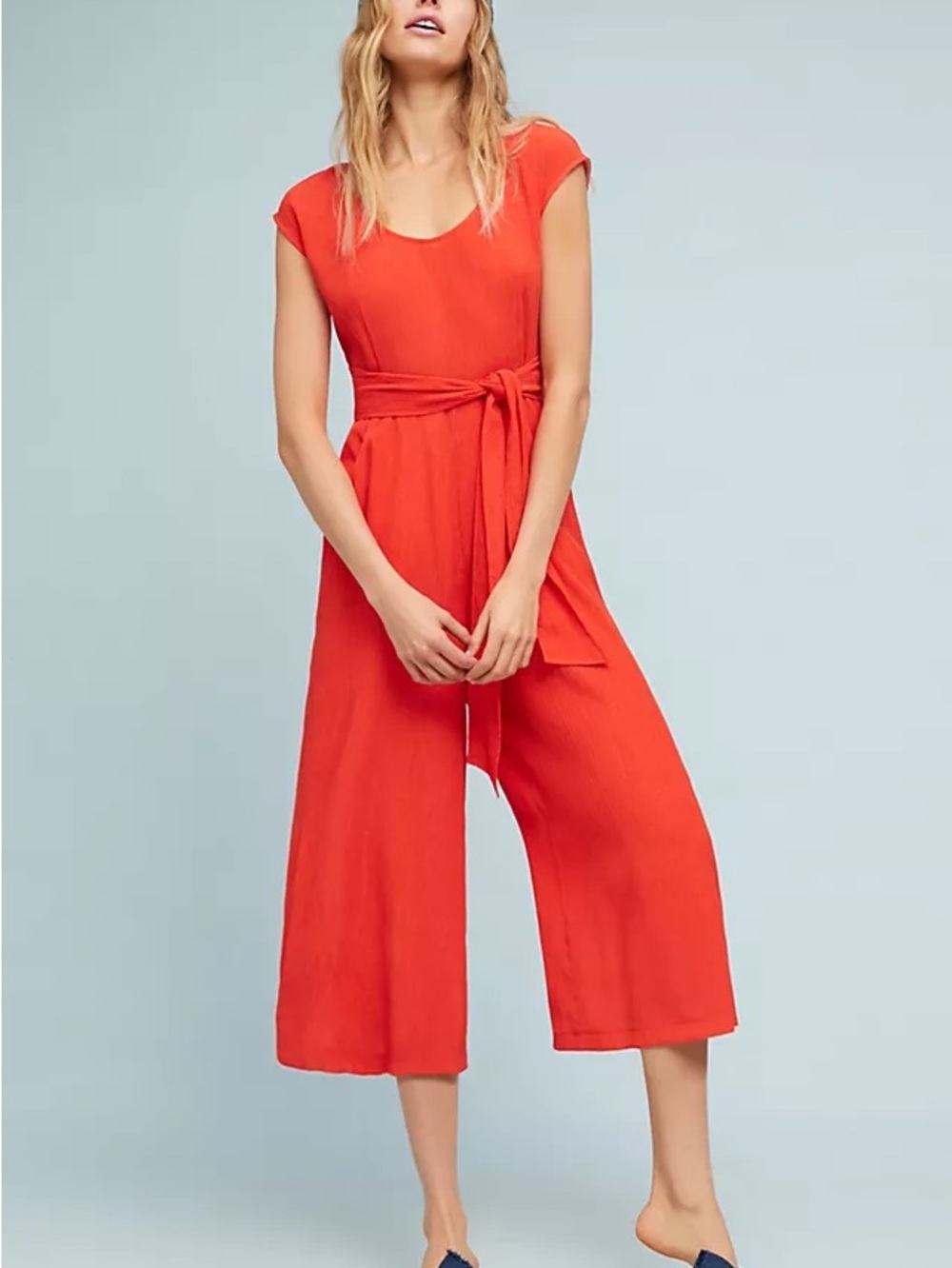Anthropologie Coral-Red Abbey Wide-Leg Tie-Waist Jumpsuit
